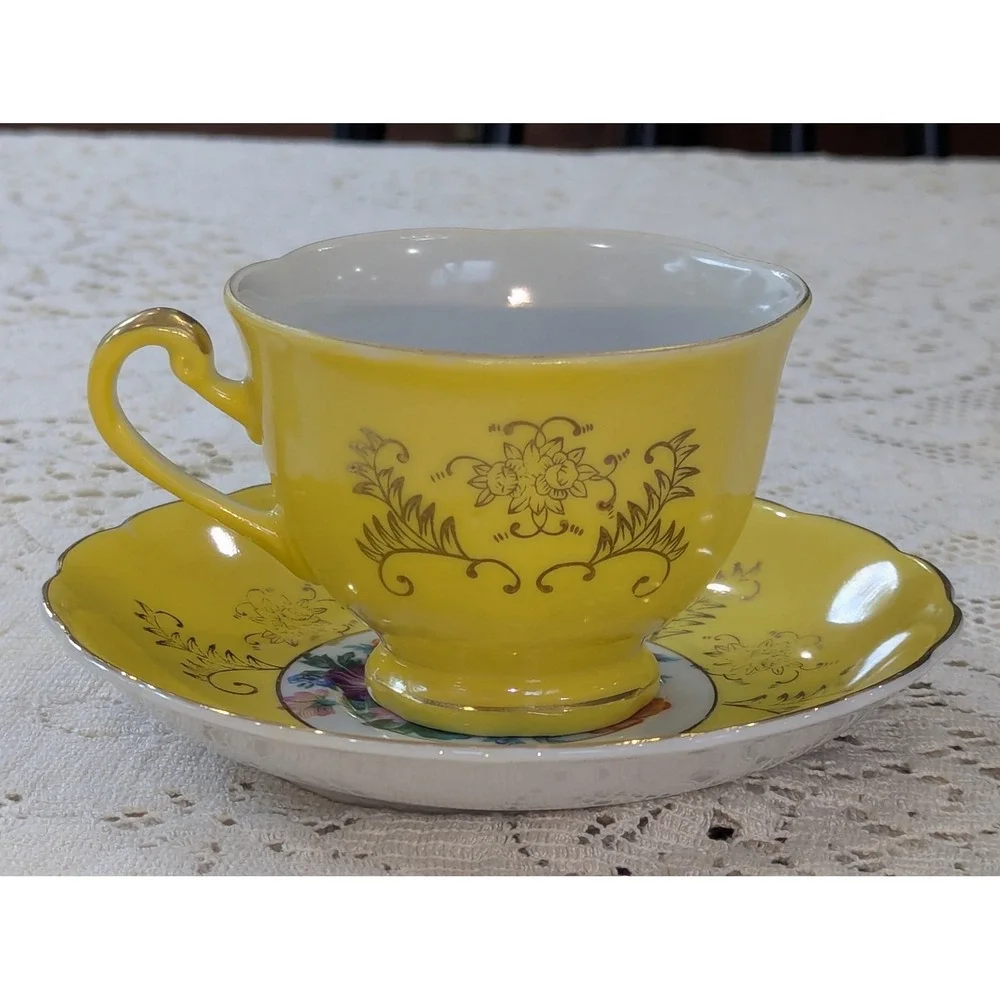 Vintage Tea Cup and Saucer Set OS Yellow Floral Gold Gilt Japan Porcelain